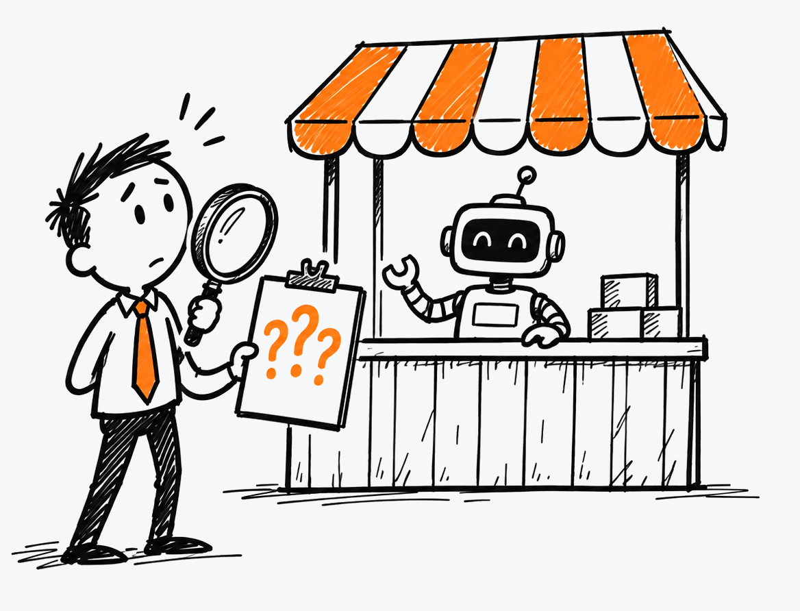 Questions for the vendor: magnifying glass and checklist at the booth