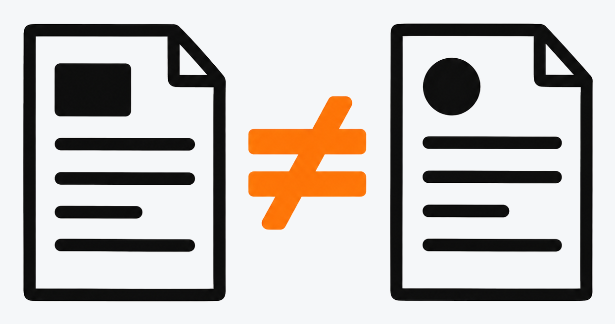 Two documents with a not-equal sign between them
