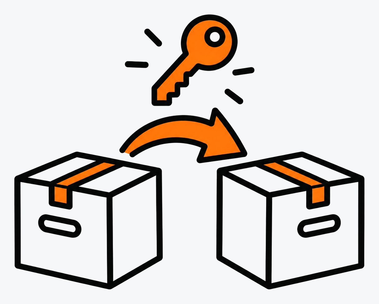 Two moving boxes with an arrow and a key
