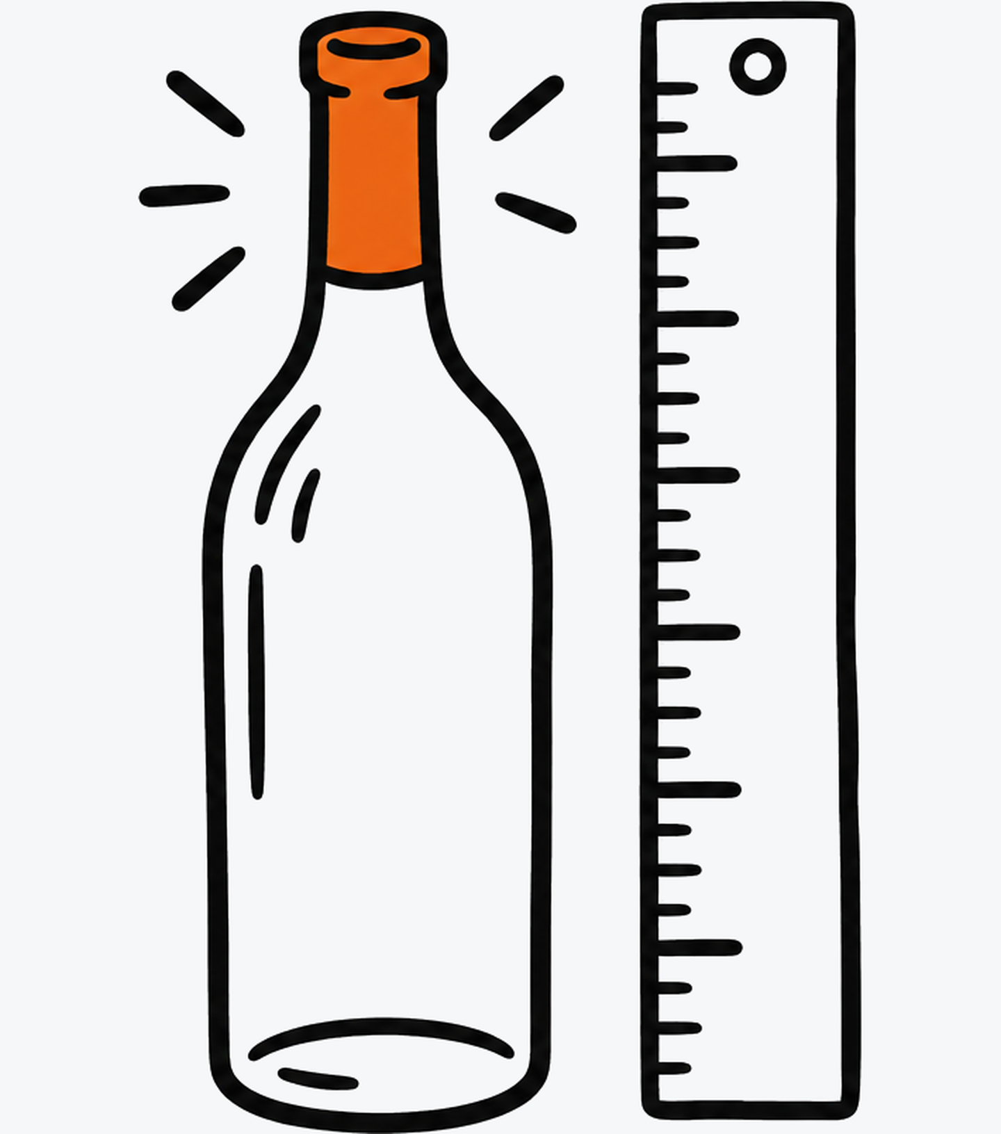 Botella de cuello angosto junto a una regla