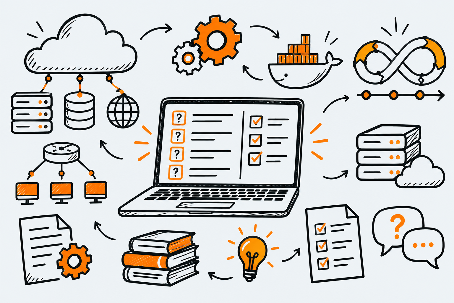 Ilustración estilo doodle para la ficha del repositorio bregman-arie/devops-exercises.