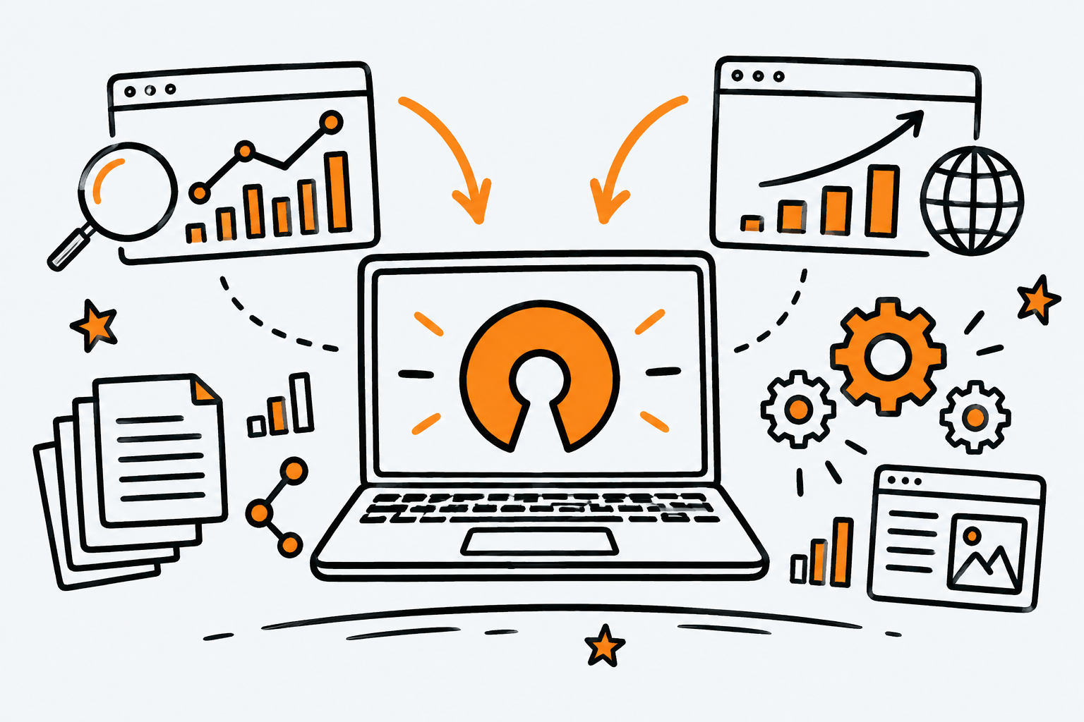 Ilustración estilo doodle para la ficha del repositorio every-app/open-seo.