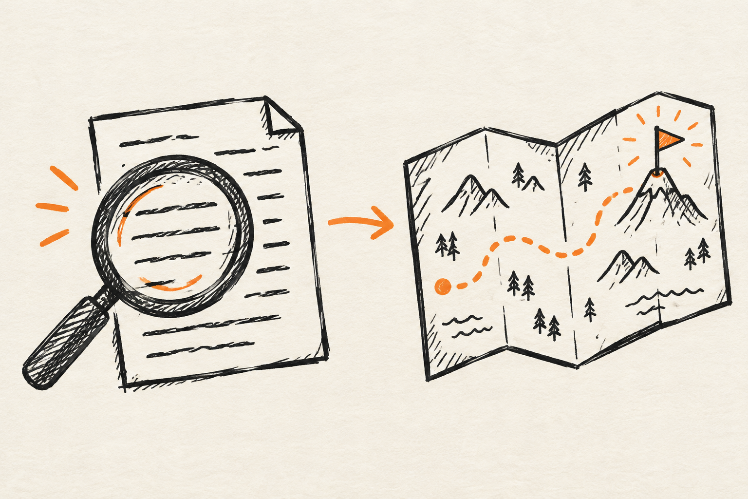 Doodle: a magnifying glass over a document, a map with a dotted route and a flag on a peak, connected by orange arrows