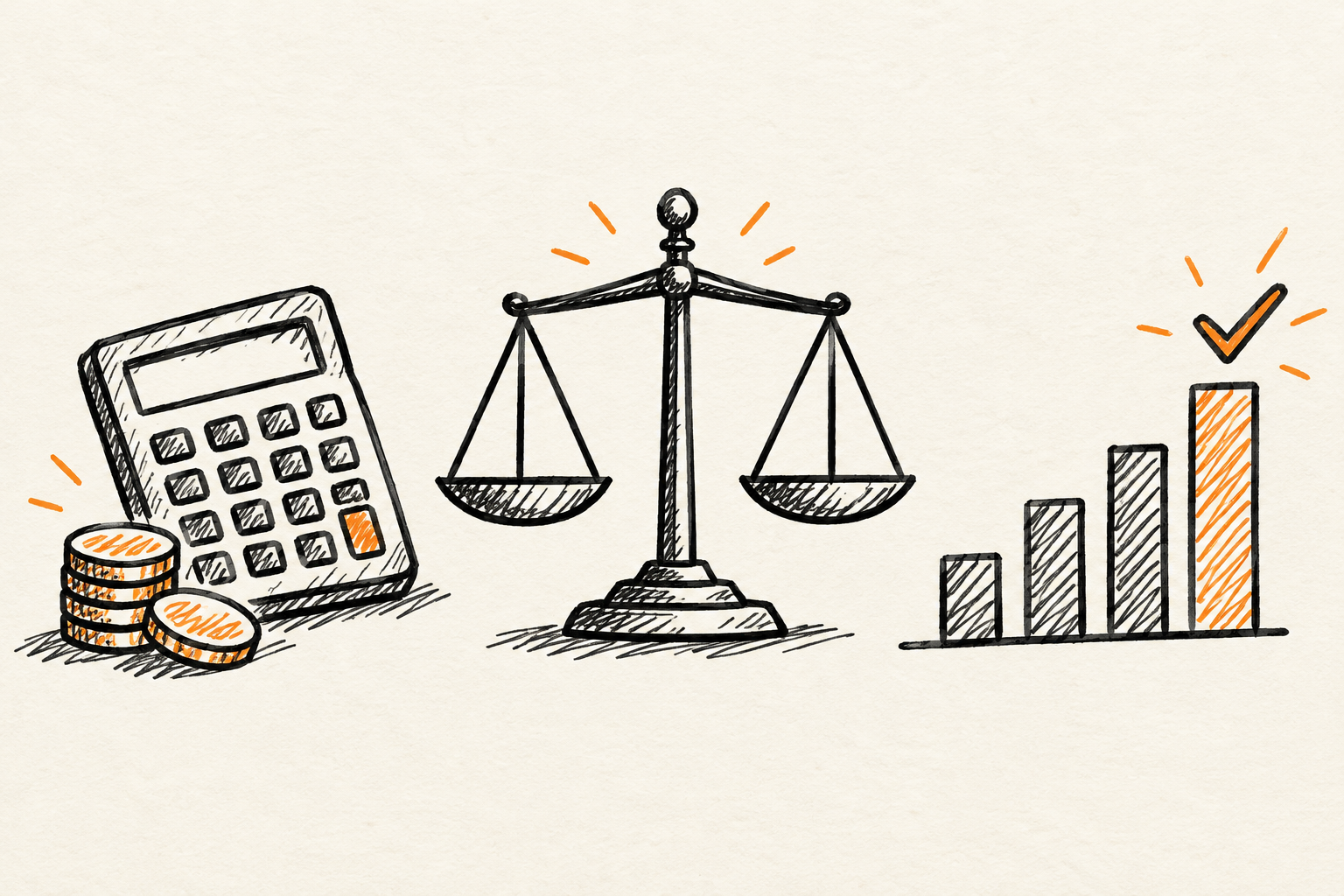 Doodle: a calculator with coins, a balanced scale and a rising bar chart with a checkmark
