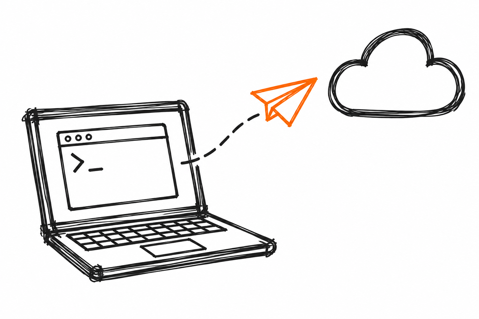 Doodle of a laptop with a terminal and an orange paper plane flying toward a cloud