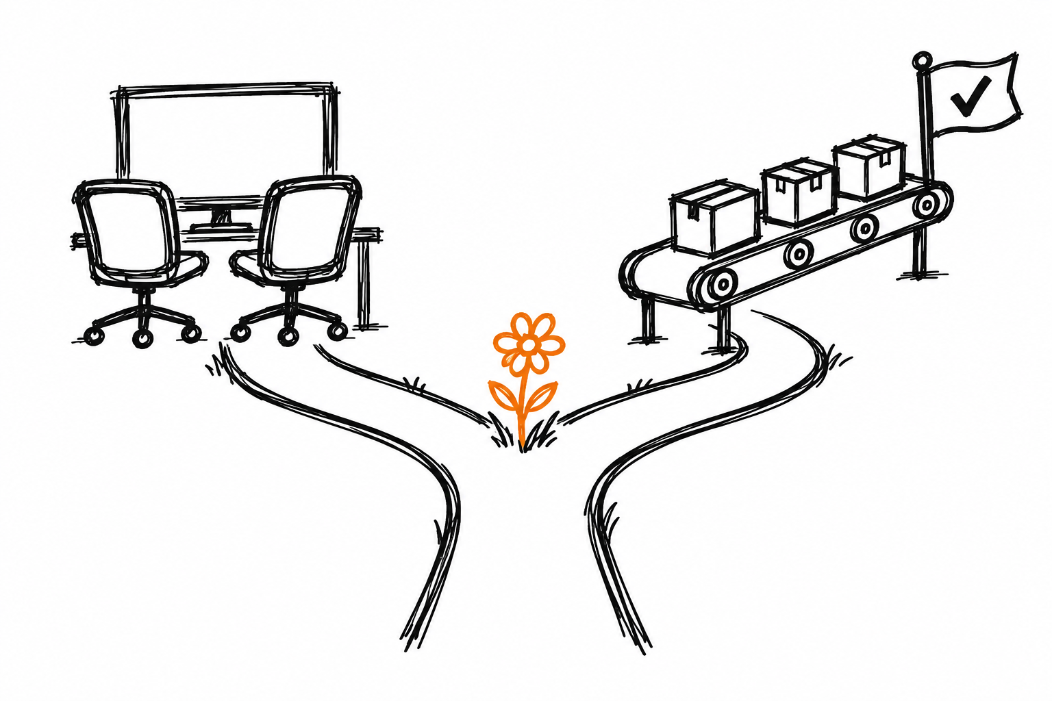 Doodle of a forking path: two chairs facing one screen on one side and a conveyor belt with boxes on the other
