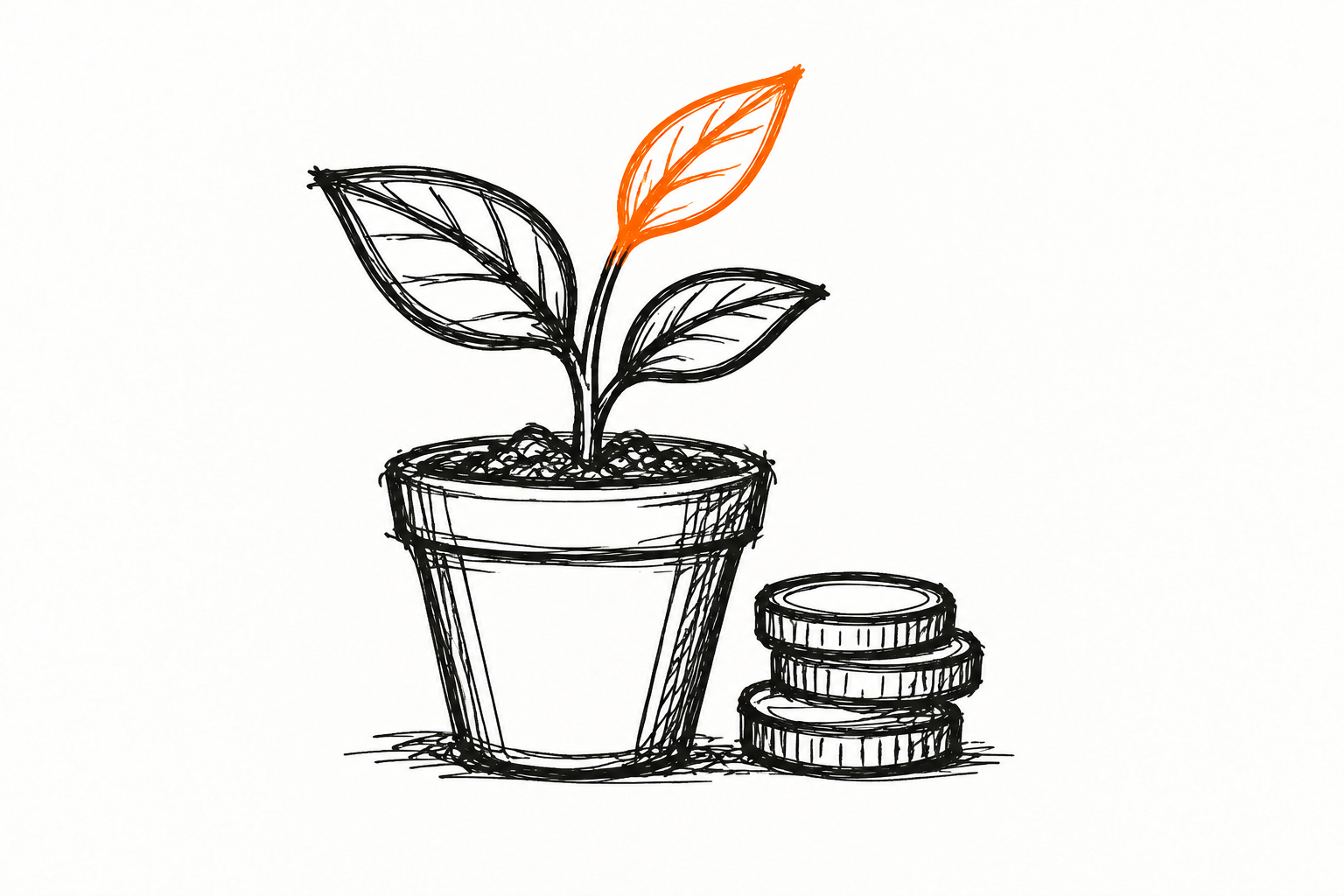 Ilustración de una planta en maceta junto a unas monedas