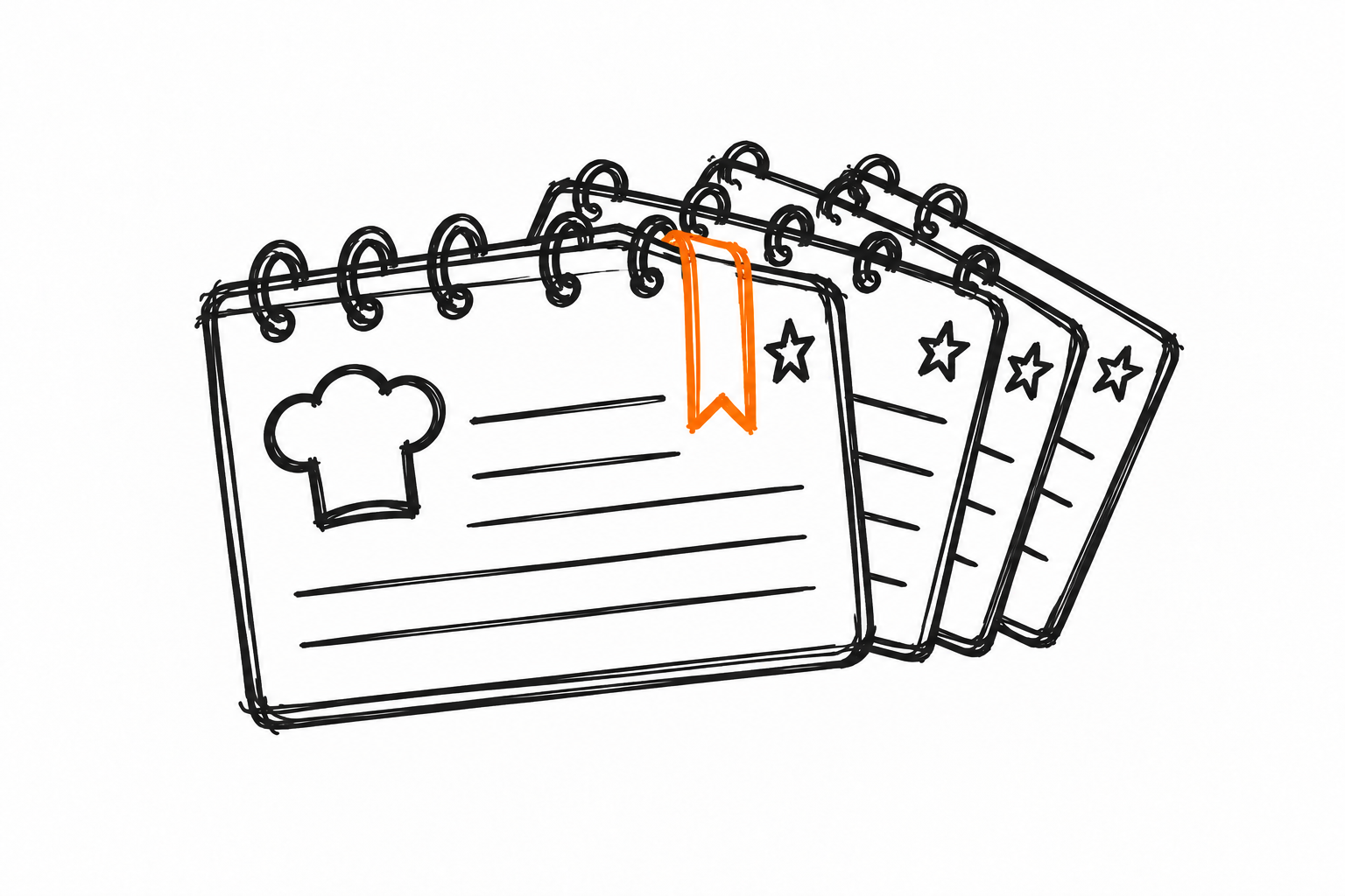 Doodle of spiral recipe cards with an orange bookmark ribbon