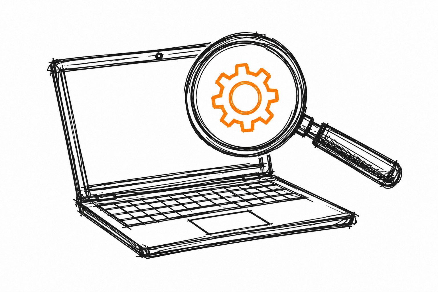 Ilustración de una lupa sobre una laptop con un engranaje