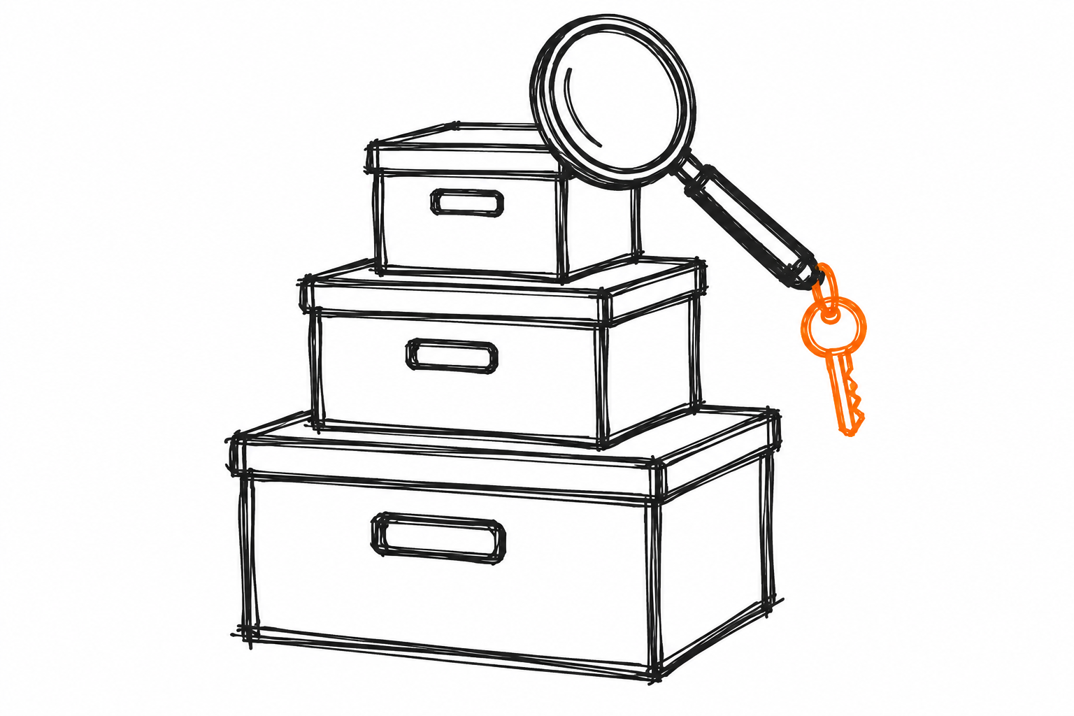 Doodle of three stacked boxes with a magnifying glass and an orange key