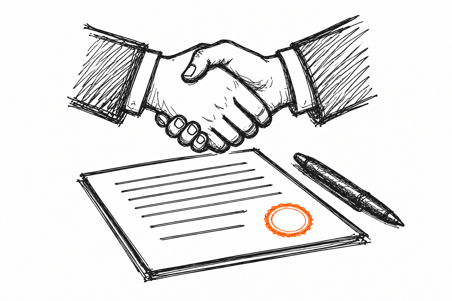 Ilustración de un apretón de manos sobre un contrato