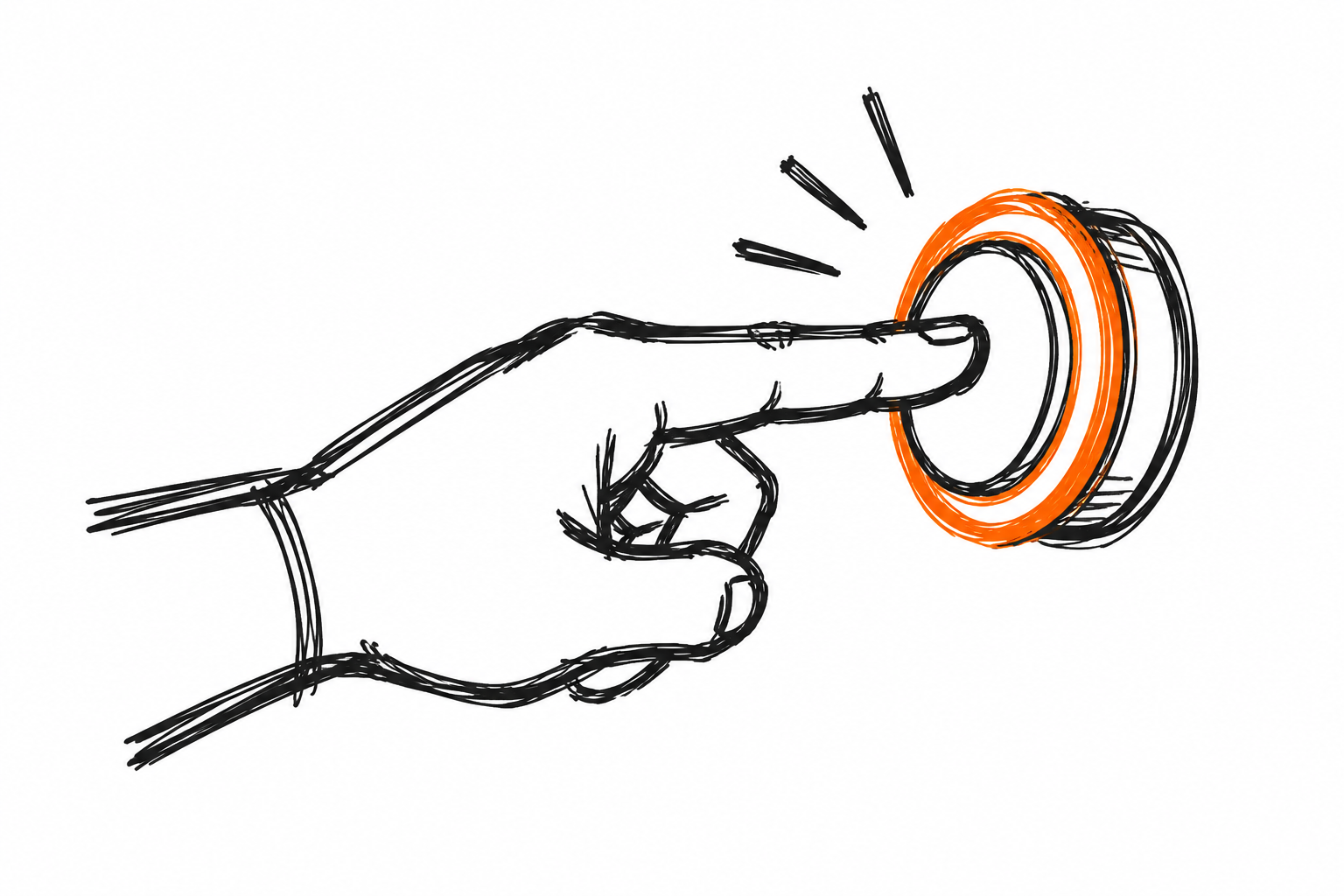 Doodle of a hand pressing a button with an orange ring