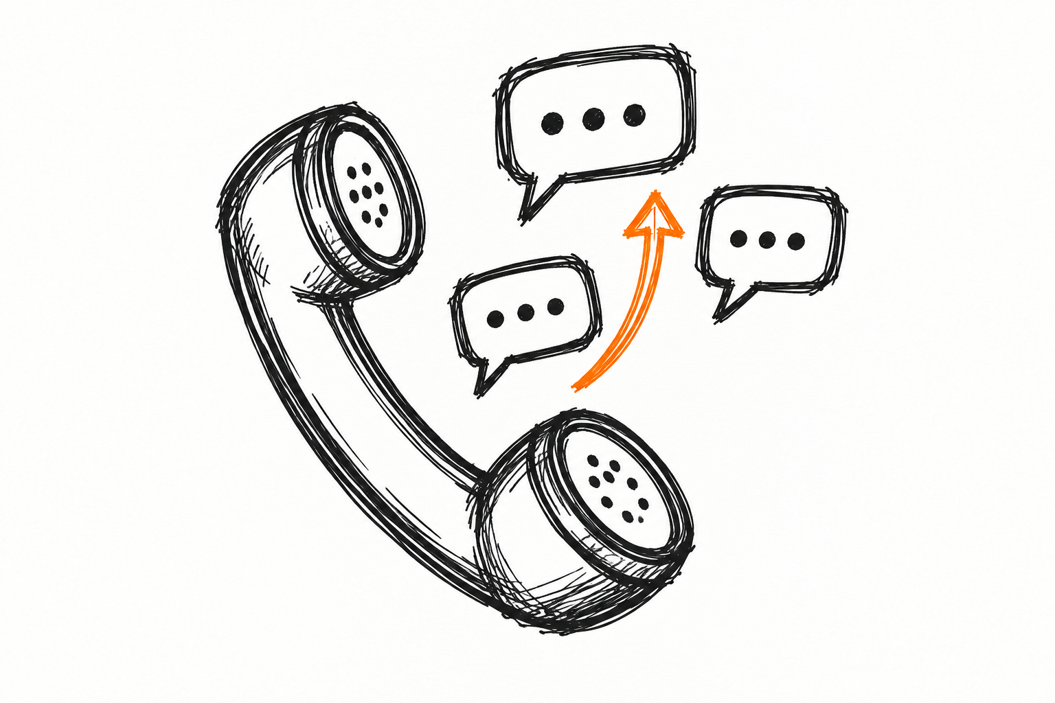 Ilustración de un teléfono con globos de diálogo y una flecha ascendente