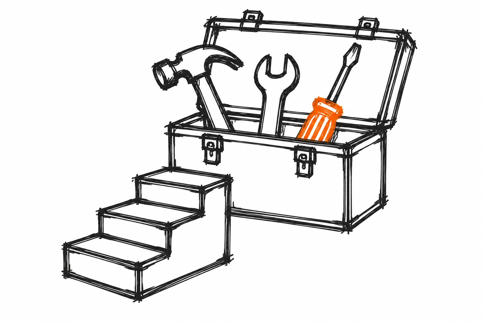 Doodle of an open toolbox with stairs and an orange-handled screwdriver