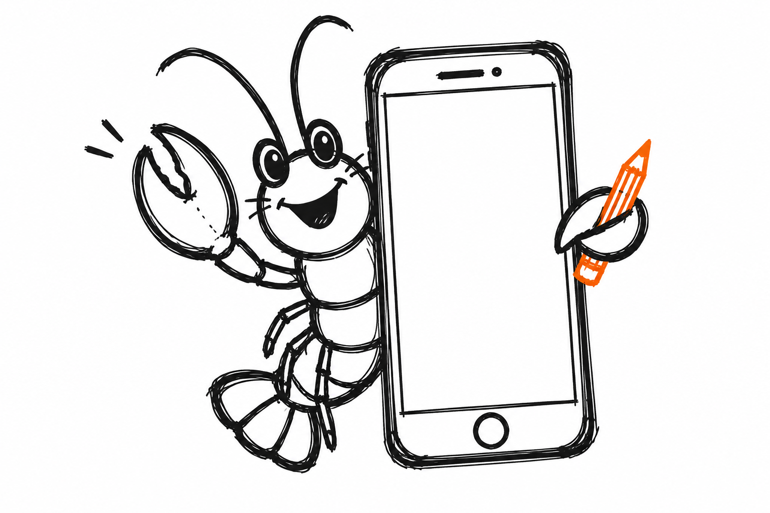 Doodle of a lobster peeking from behind a phone holding an orange pencil