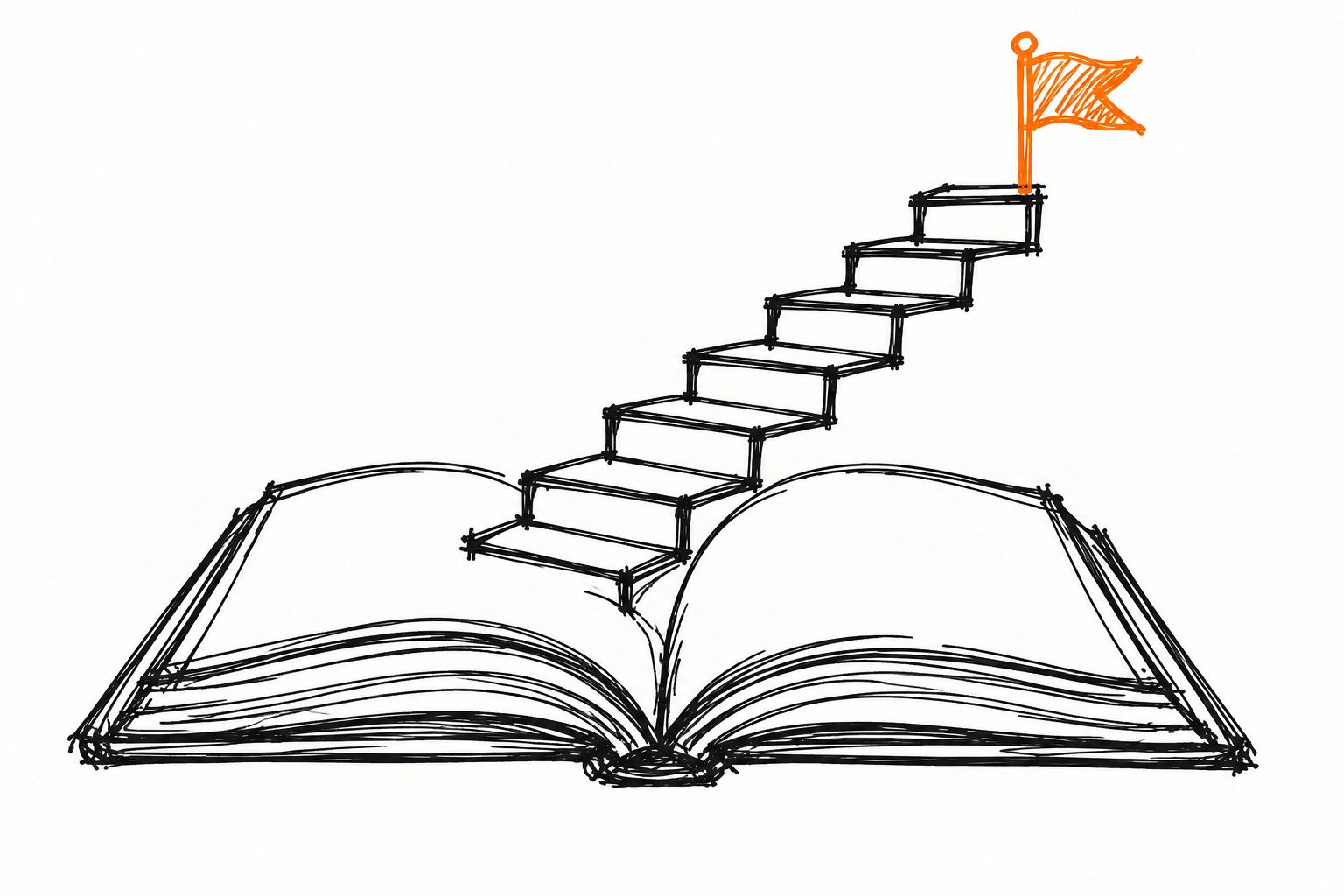 Ilustración de un libro abierto con una escalera hacia una bandera