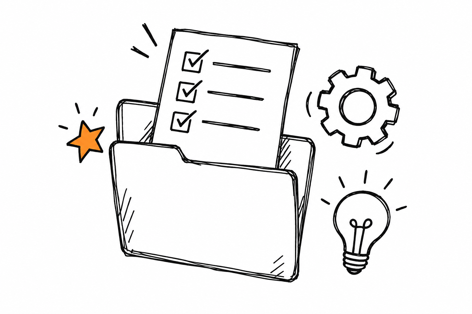 Doodle de una carpeta con una lista de verificación, un engrane, un foco y una estrella naranja
