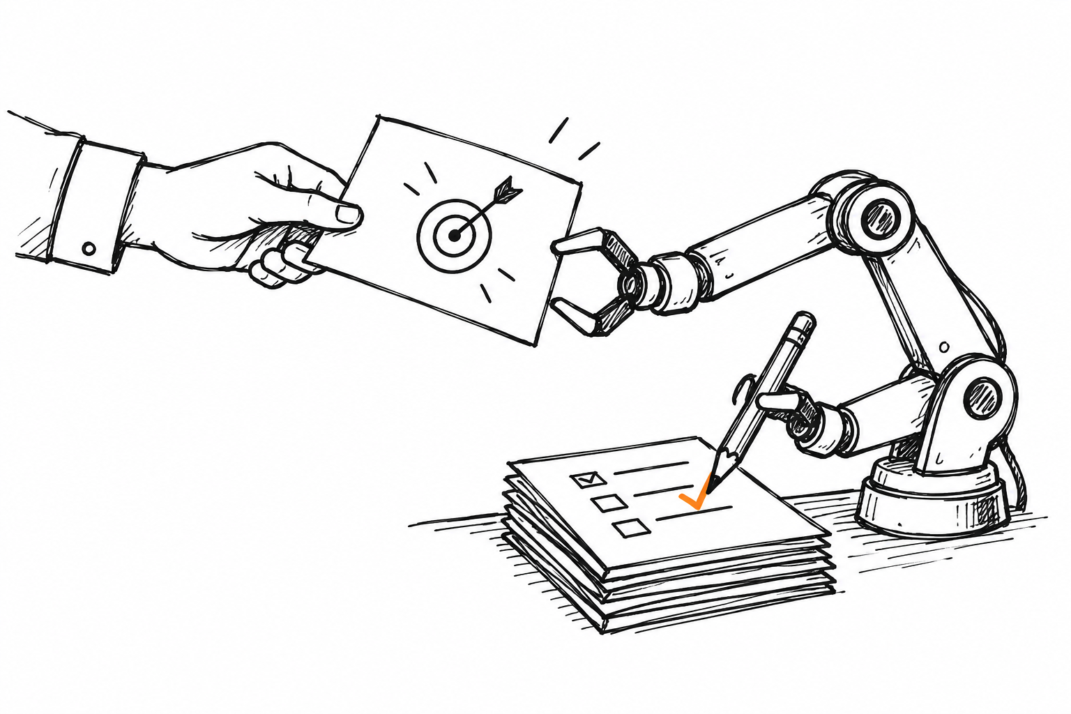 Doodle of a hand passing a goal to a robot arm checking a list with an orange checkmark