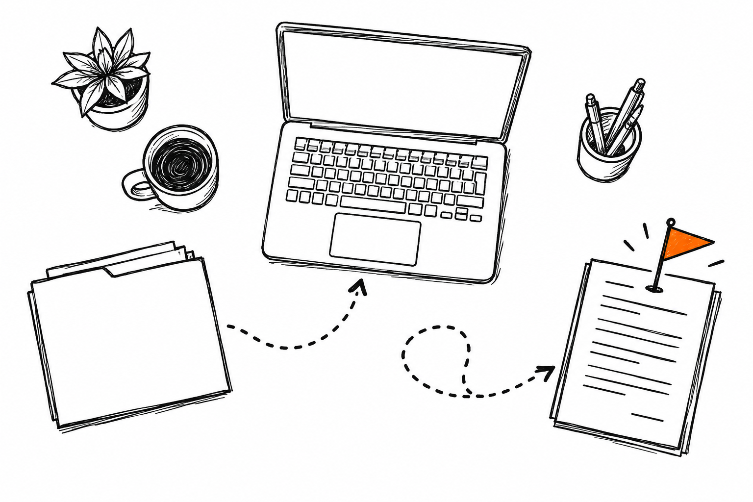 Doodle of a desk with a laptop, coffee, a folder and a finished document with an orange flag