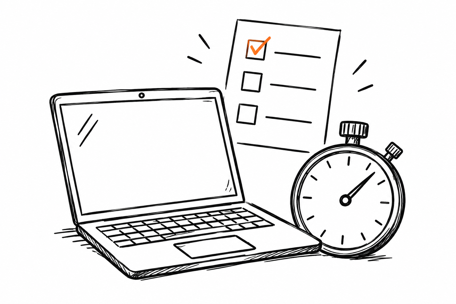 Doodle of a laptop with a stopwatch and a checklist with an orange checkmark