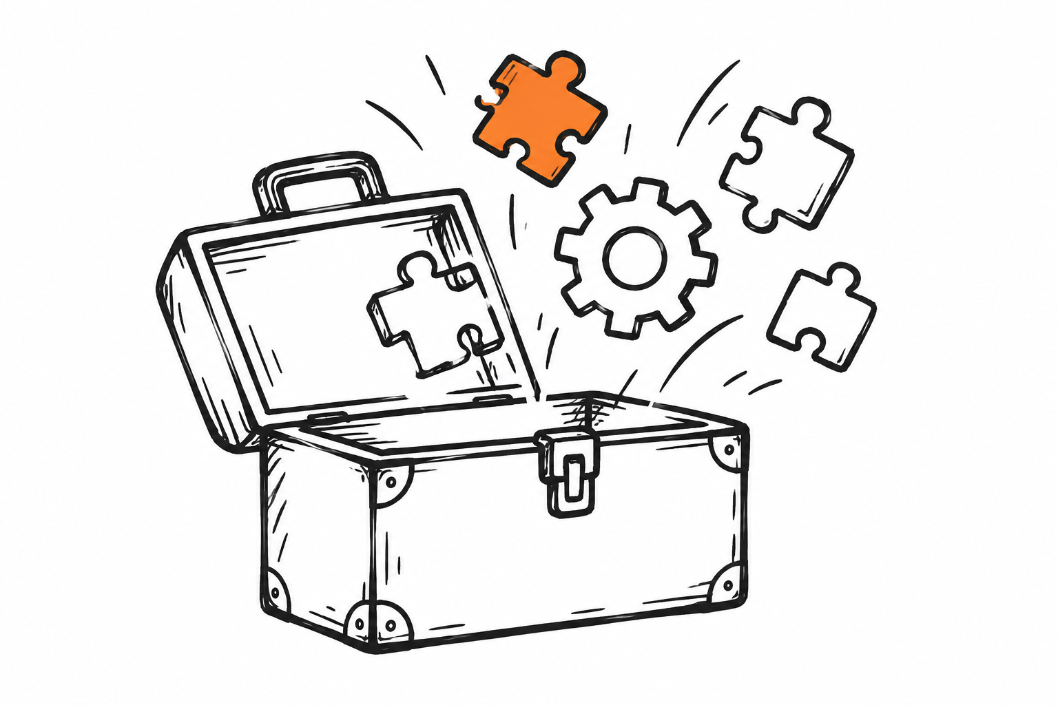 Doodle of a toolbox with puzzle pieces and a gear, one orange piece