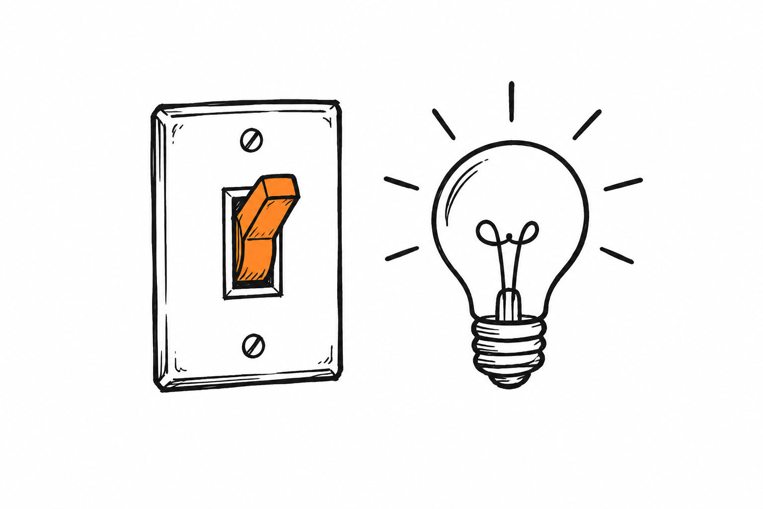 Doodle of a switch flipped on next to a lightbulb, the switch orange