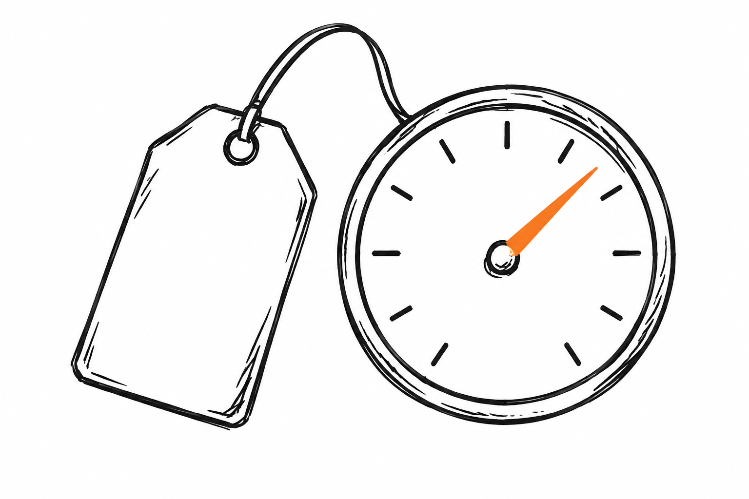 Doodle of a price tag next to a round gauge, the needle orange