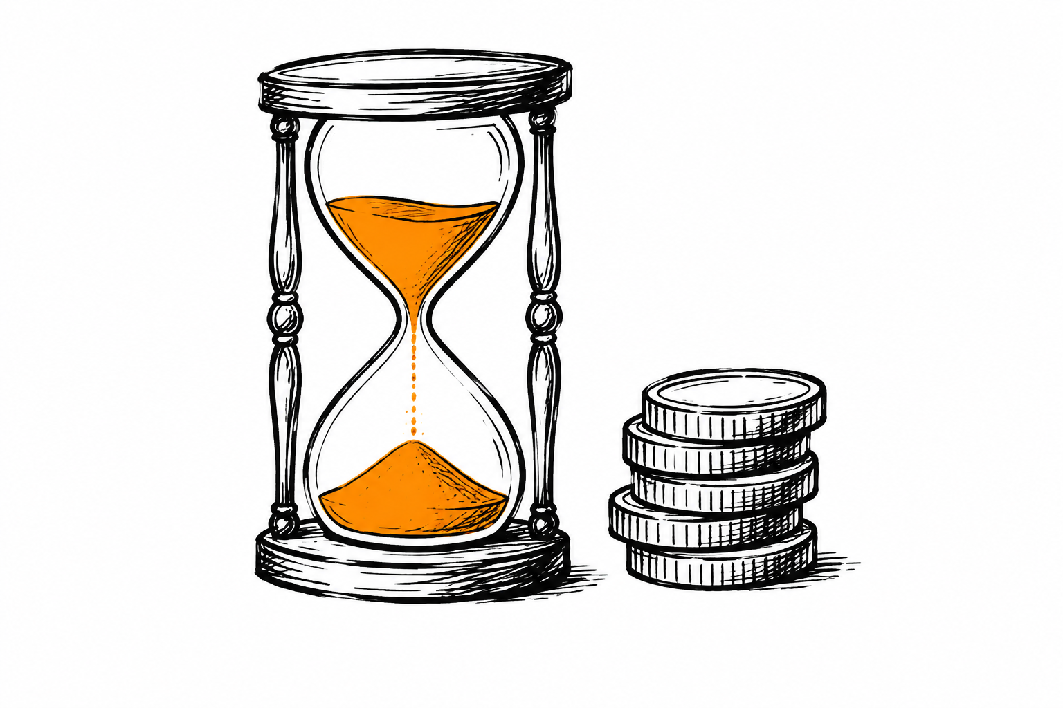 Doodle of an hourglass next to a stack of coins, the sand orange