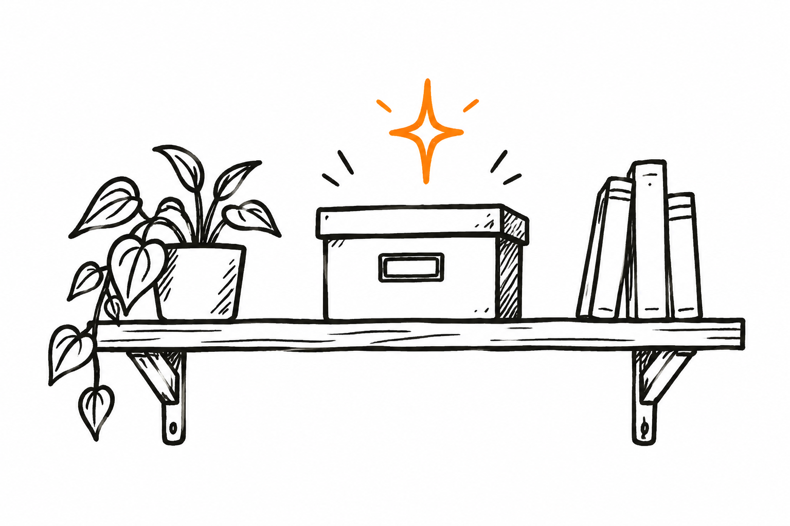 Doodle de una caja en un estante con una chispa encima, la chispa naranja
