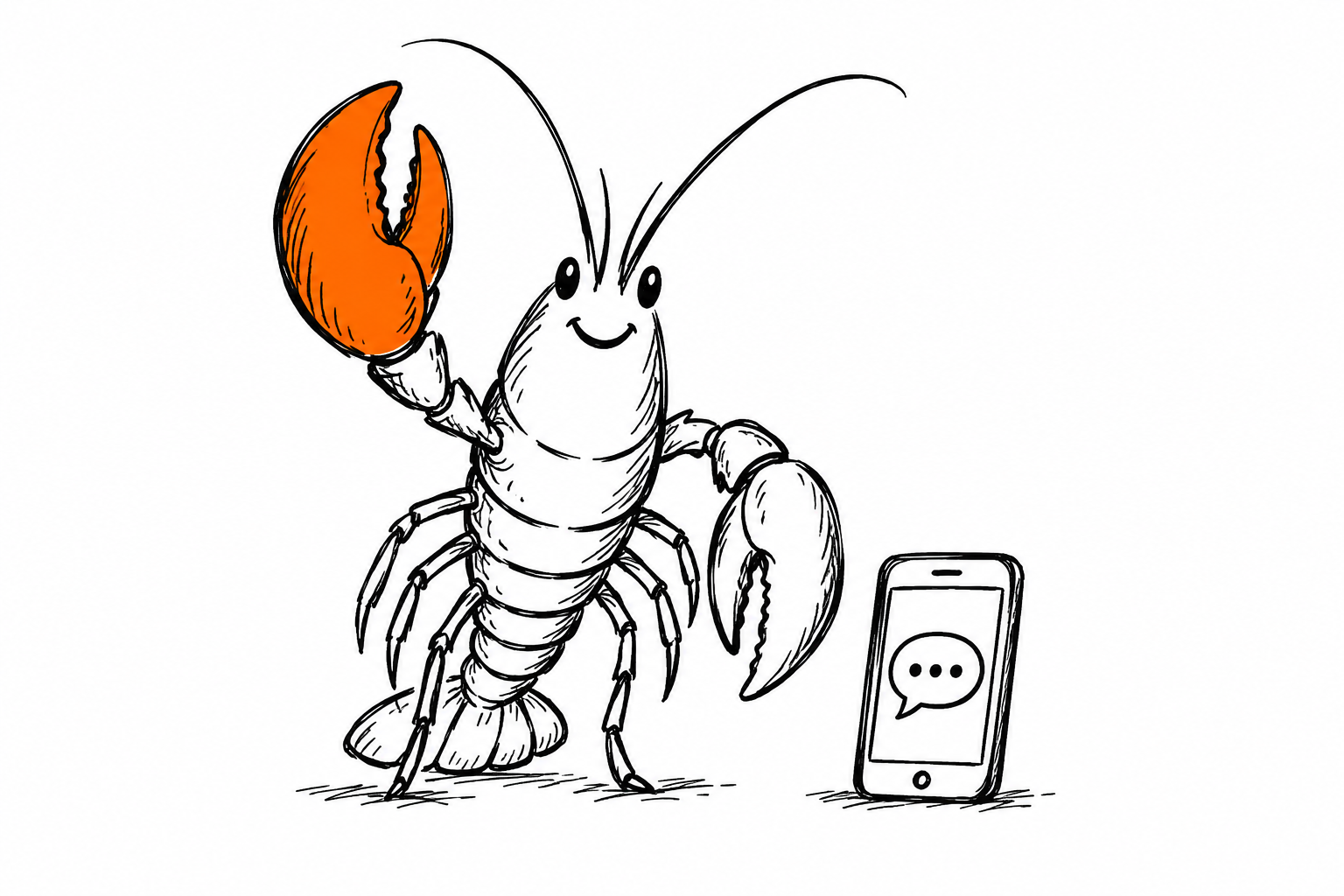 Doodle de una langosta junto a un teléfono con burbuja de chat, una pinza naranja