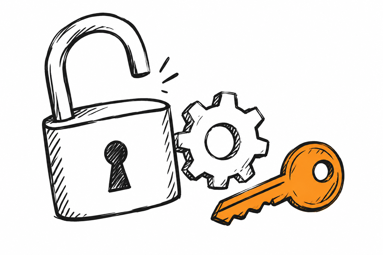 Doodle de un candado abierto junto a un engrane y una llave, la llave naranja