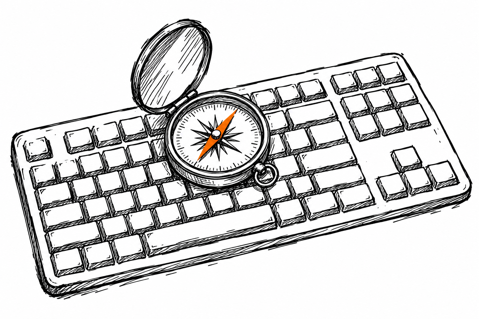 Doodle de un teclado con una brújula abierta encima, la aguja naranja