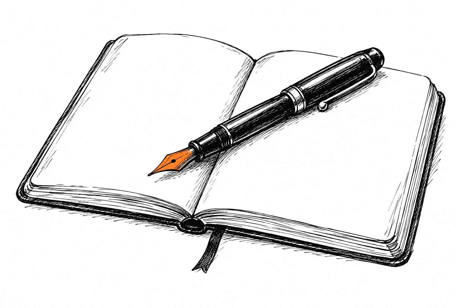 Doodle of an open notebook with a fountain pen, the nib orange