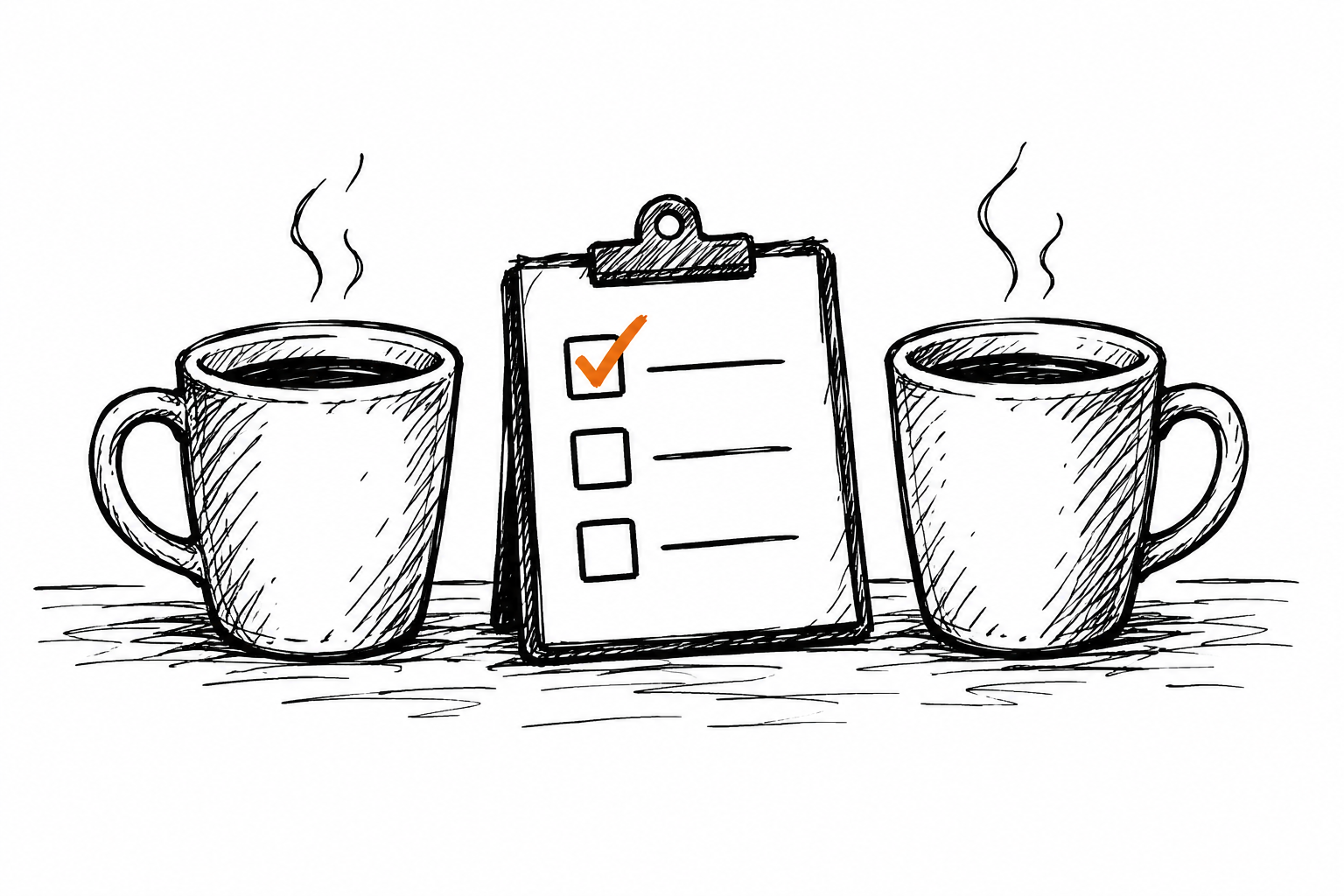 Doodle of two coffee mugs with a shared clipboard, one checkbox ticked orange