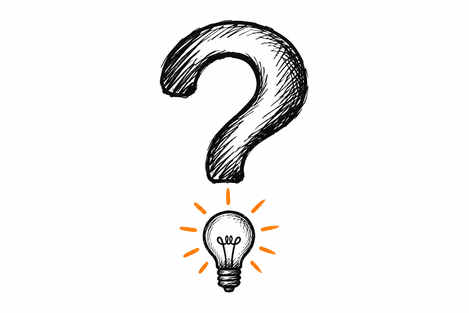 Doodle de un signo de interrogación con un foco en su base, los rayos del foco naranjas