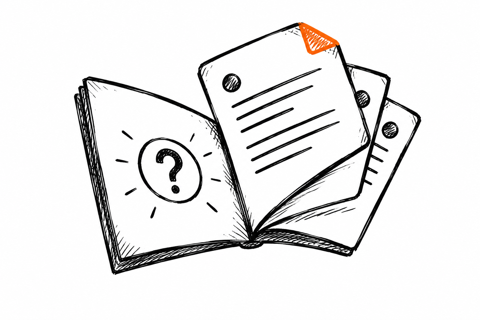 Doodle de un folleto abierto con tres tarjetas, la esquina doblada de la primera en naranja