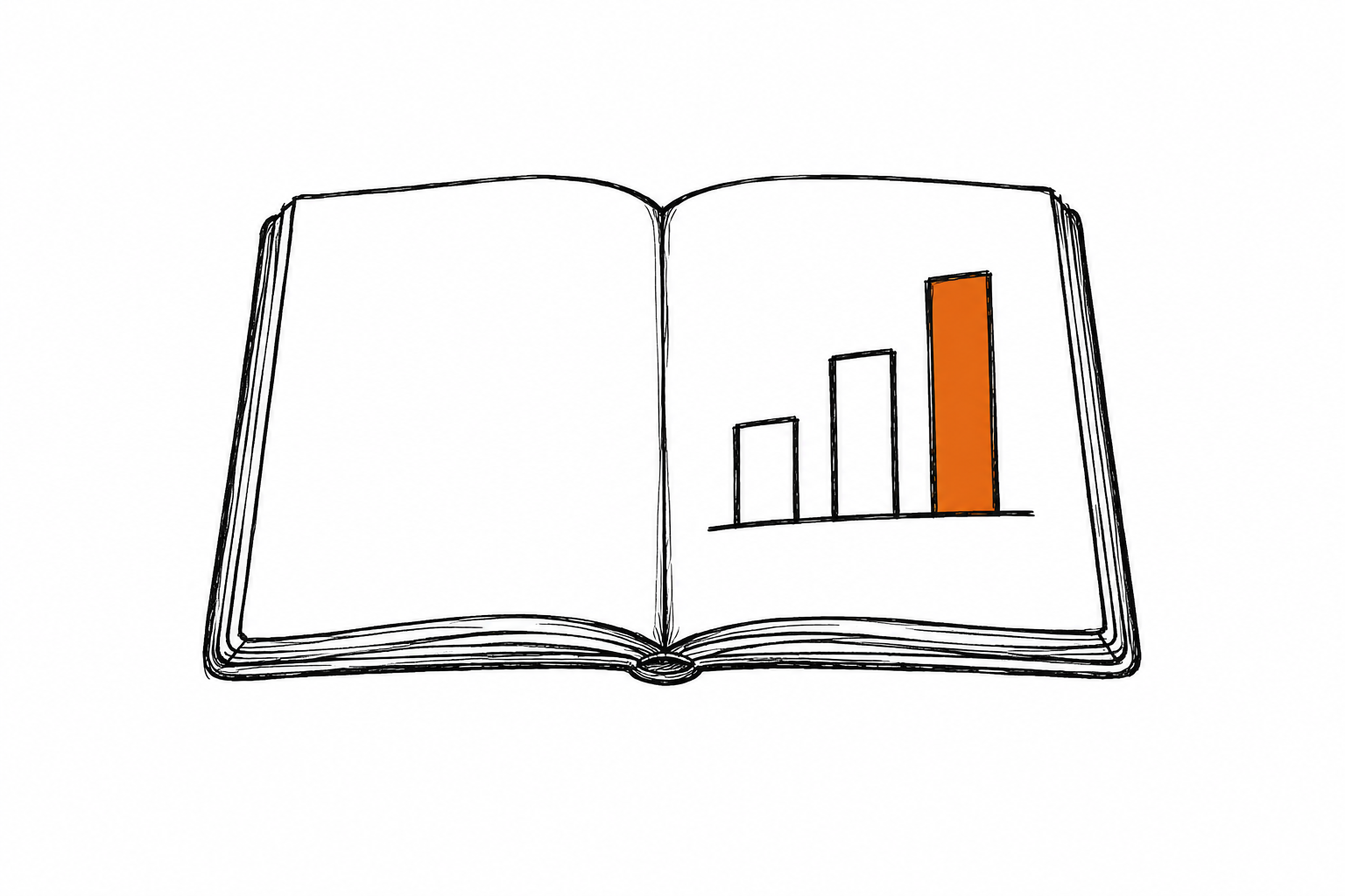 Doodle of an open notebook with a three-bar ascending chart, the tallest bar in orange