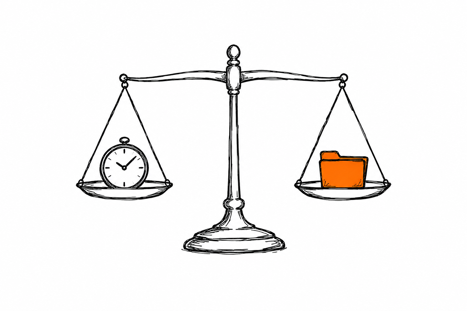 Doodle of a level balance scale with a clock on one pan and an orange folder on the other