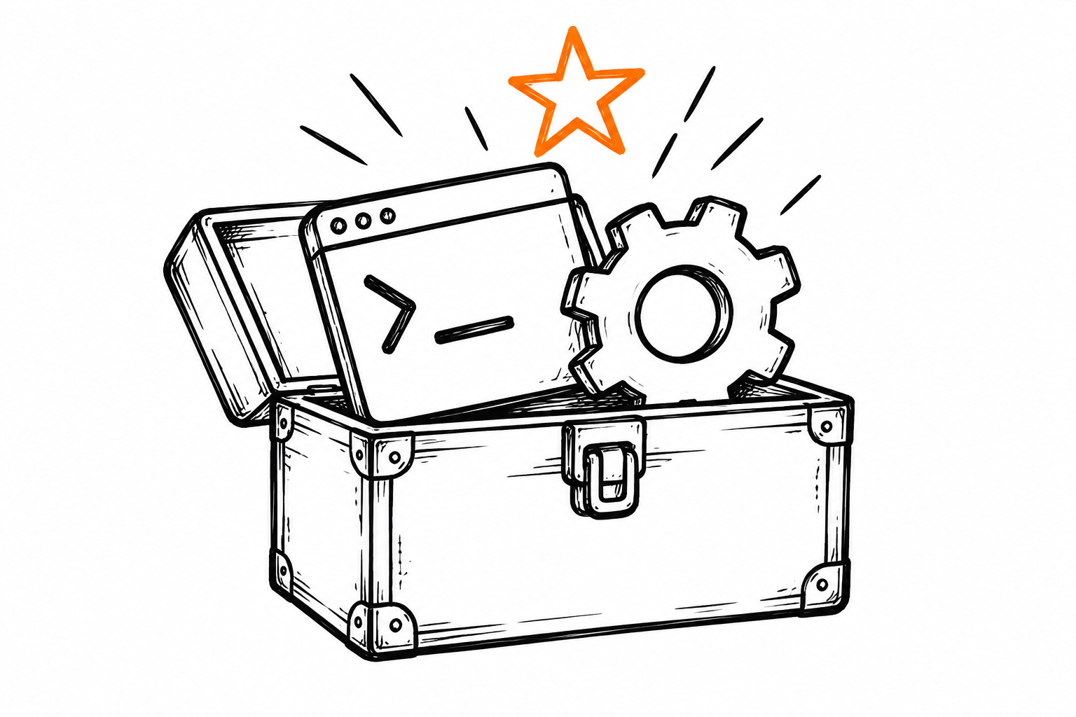 Doodle de una caja de herramientas con una terminal, un engranaje y una estrella naranja