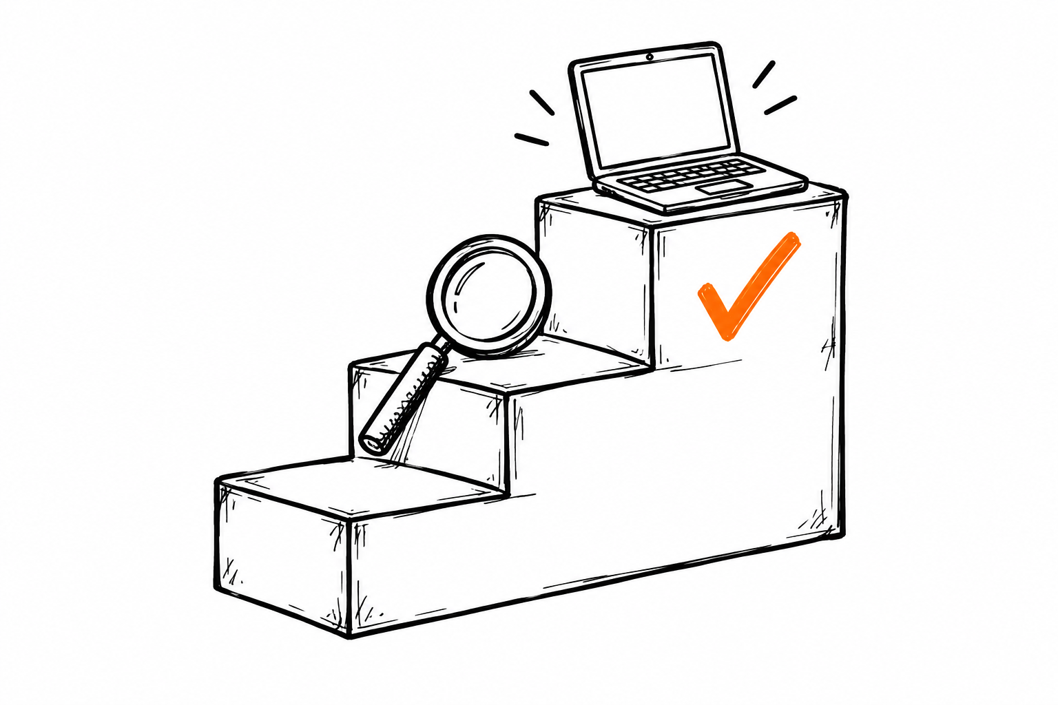 Doodle de tres escalones con una laptop y una palomita naranja