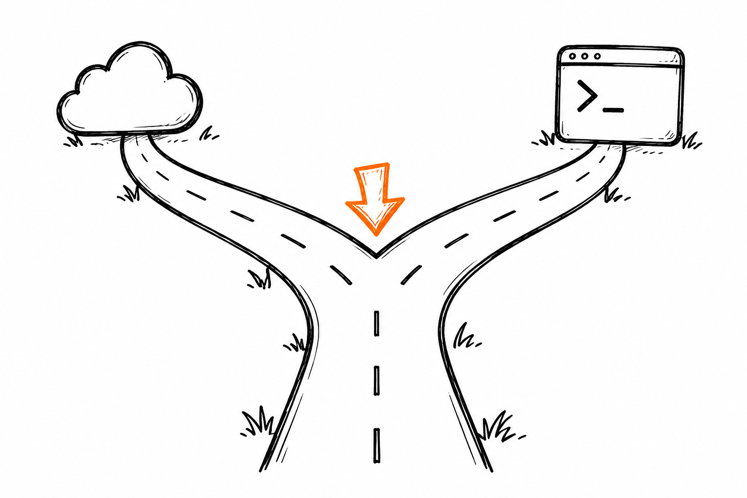 Doodle de un camino que se bifurca hacia una nube y una terminal, con una flecha naranja