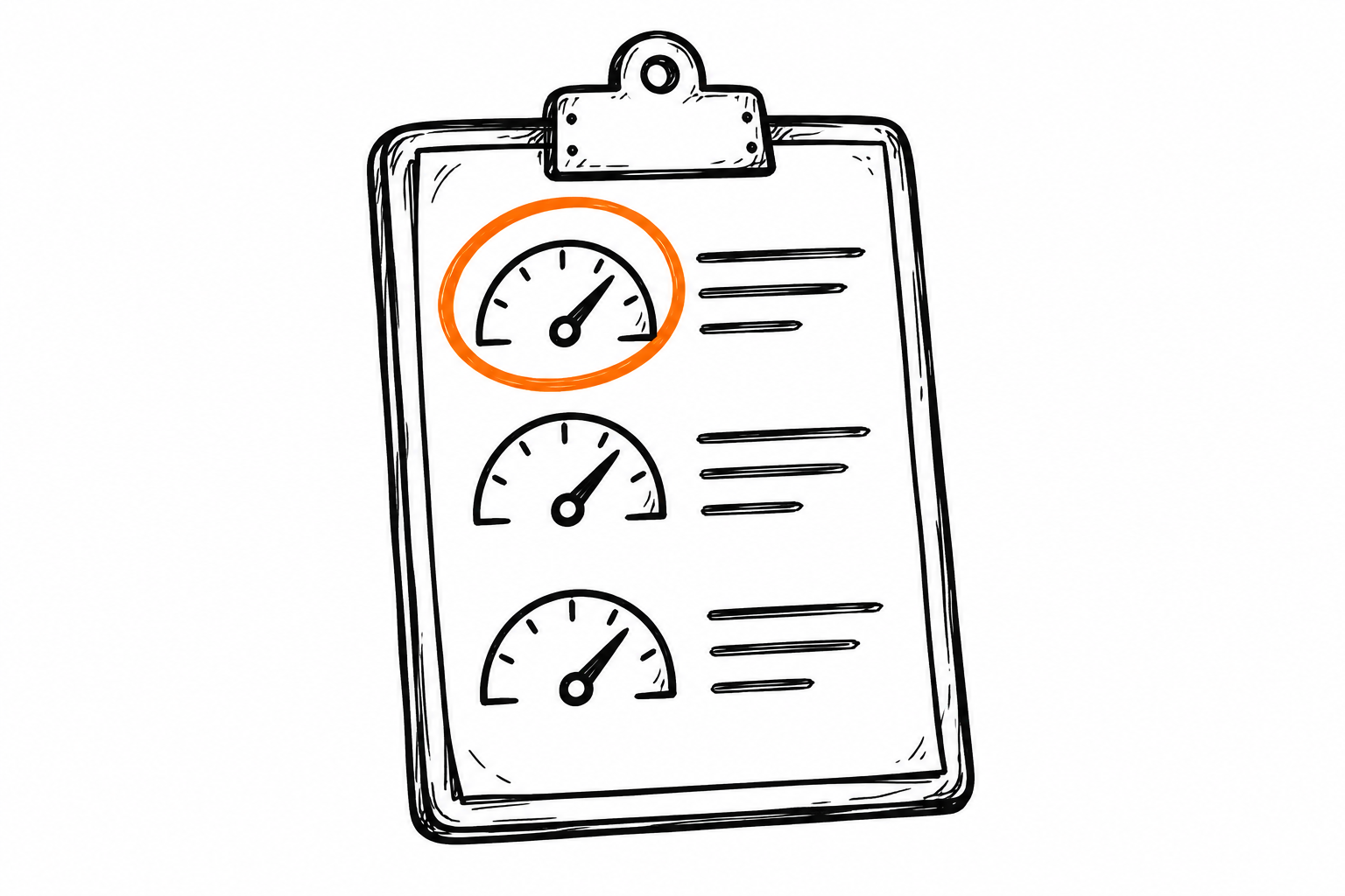 Doodle de un portapapeles con tres medidores, el primero marcado con un círculo naranja