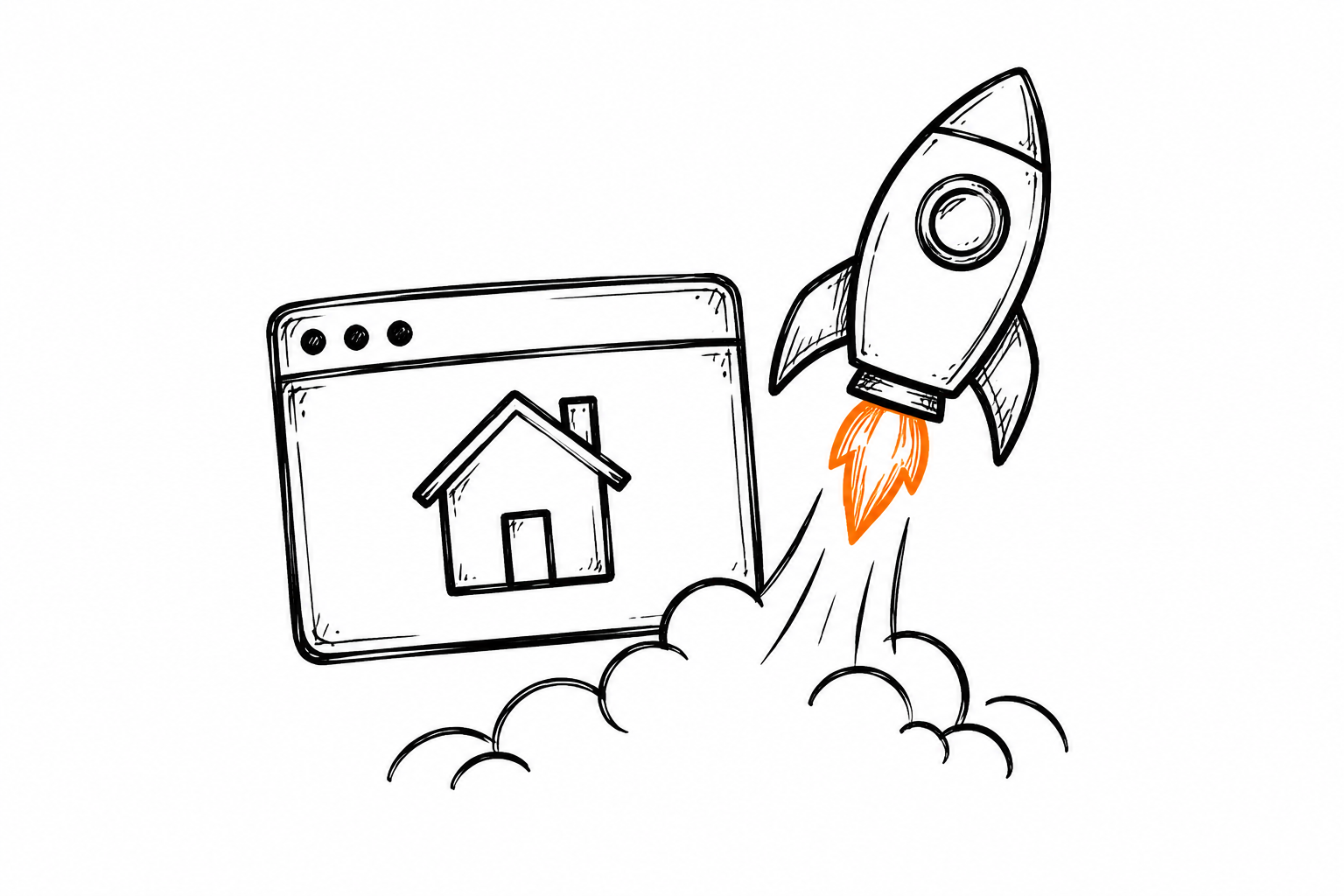 Doodle de una ventana de navegador con una casa y un cohete con flama naranja