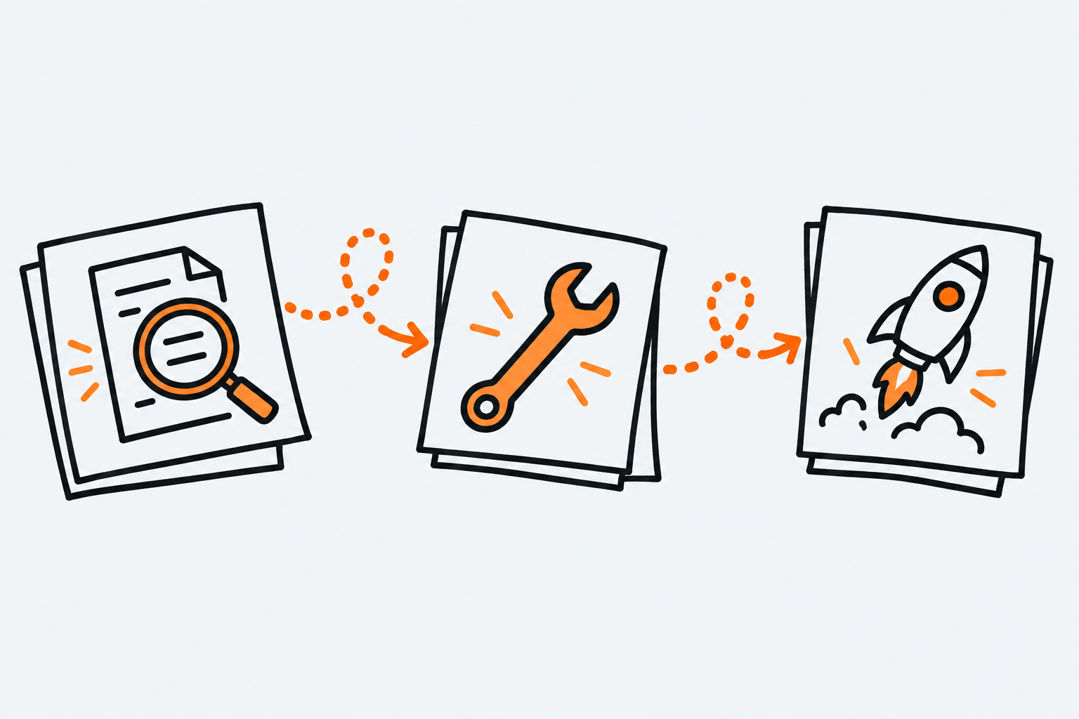 Doodle de tres tarjetas conectadas por un camino punteado: una lupa sobre un documento, una llave de tuercas y un cohete despegando.