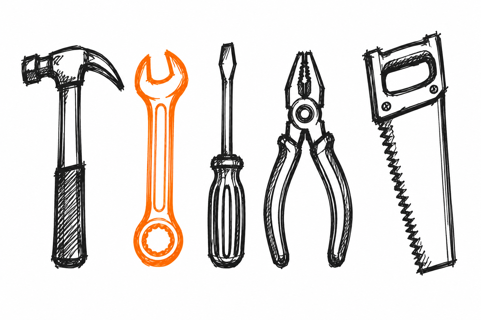 Doodle of five hand tools with the wrench in orange