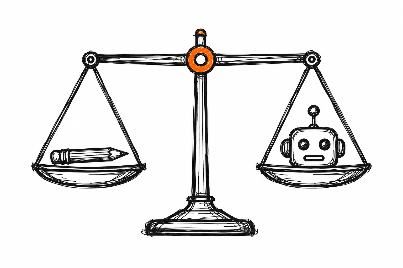 Doodle of a balance scale weighing a pencil against a robot