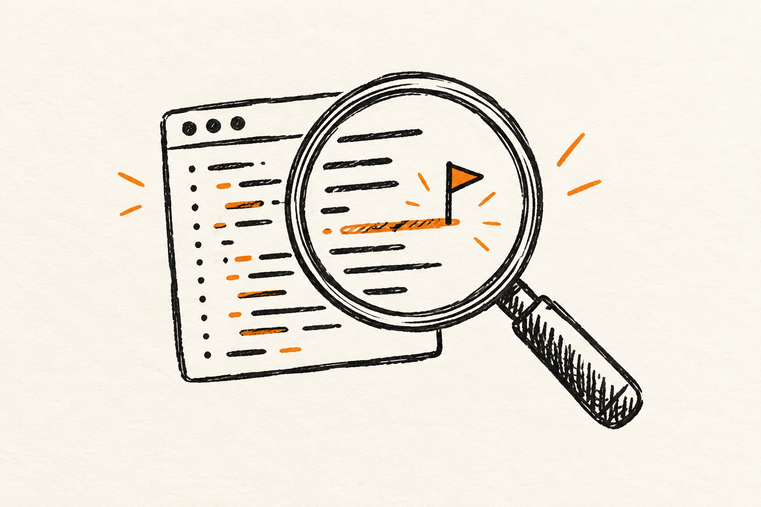 Magnifying glass scanning code lines with one line flagged