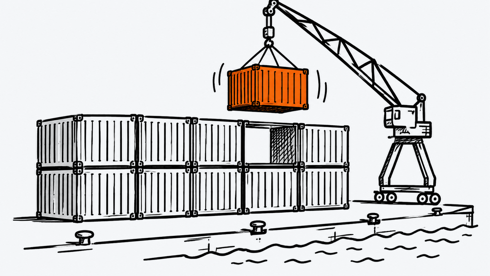 A dock crane lowers an orange shipping container onto a row of stacked white containers, hand-drawn.