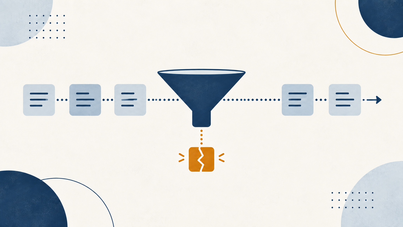 Flat illustration of documents passing through a funnel with a broken orange block below, representing the quality of company data