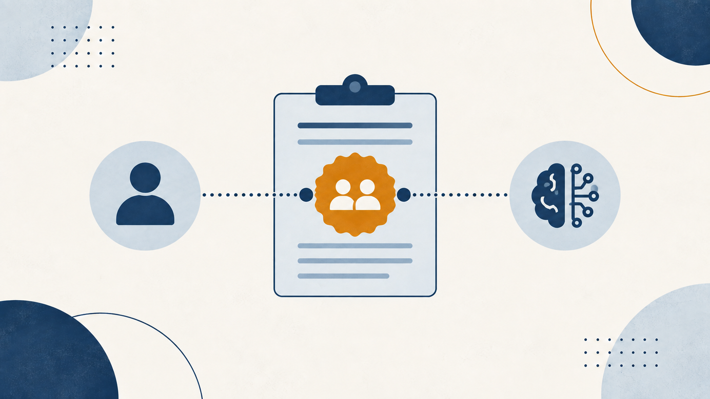 Flat illustration of a person and an AI brain on either side of a checklist with a team badge, representing who owns the work